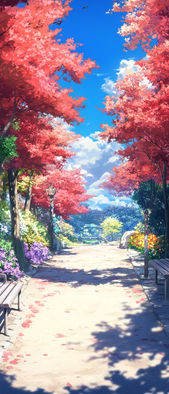 Caminho de parque em anime ladeado por árvores vermelhas e flores