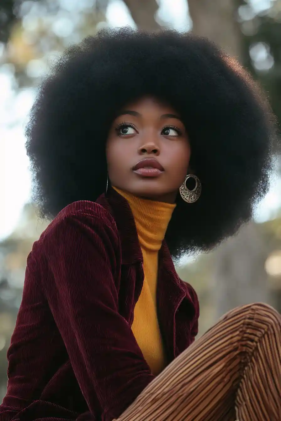 Jeune femme noire contemplative dans un portrait en extérieur des années 1960