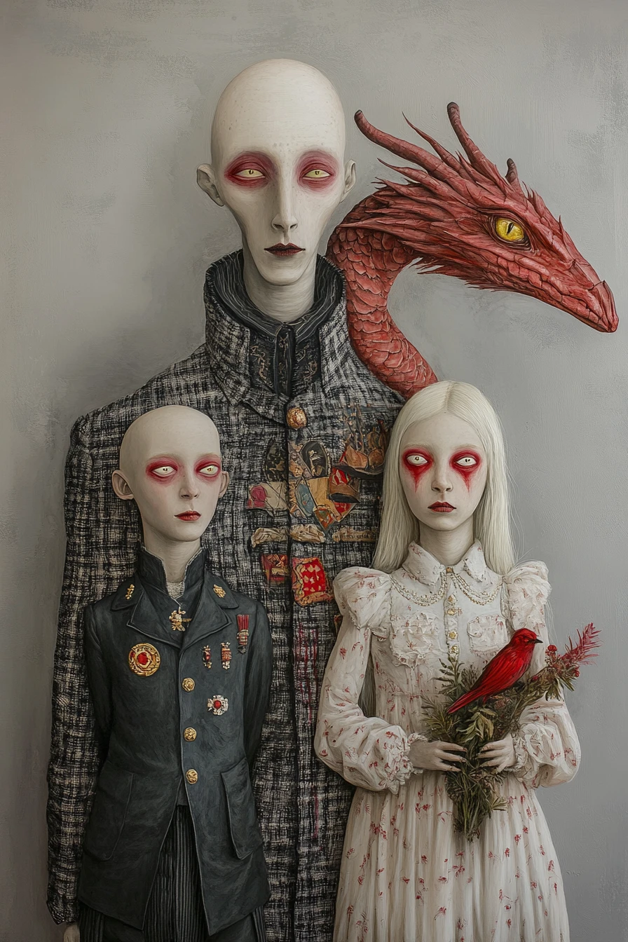Portrait de famille sombre avec enfants et dragon rouge menaçant