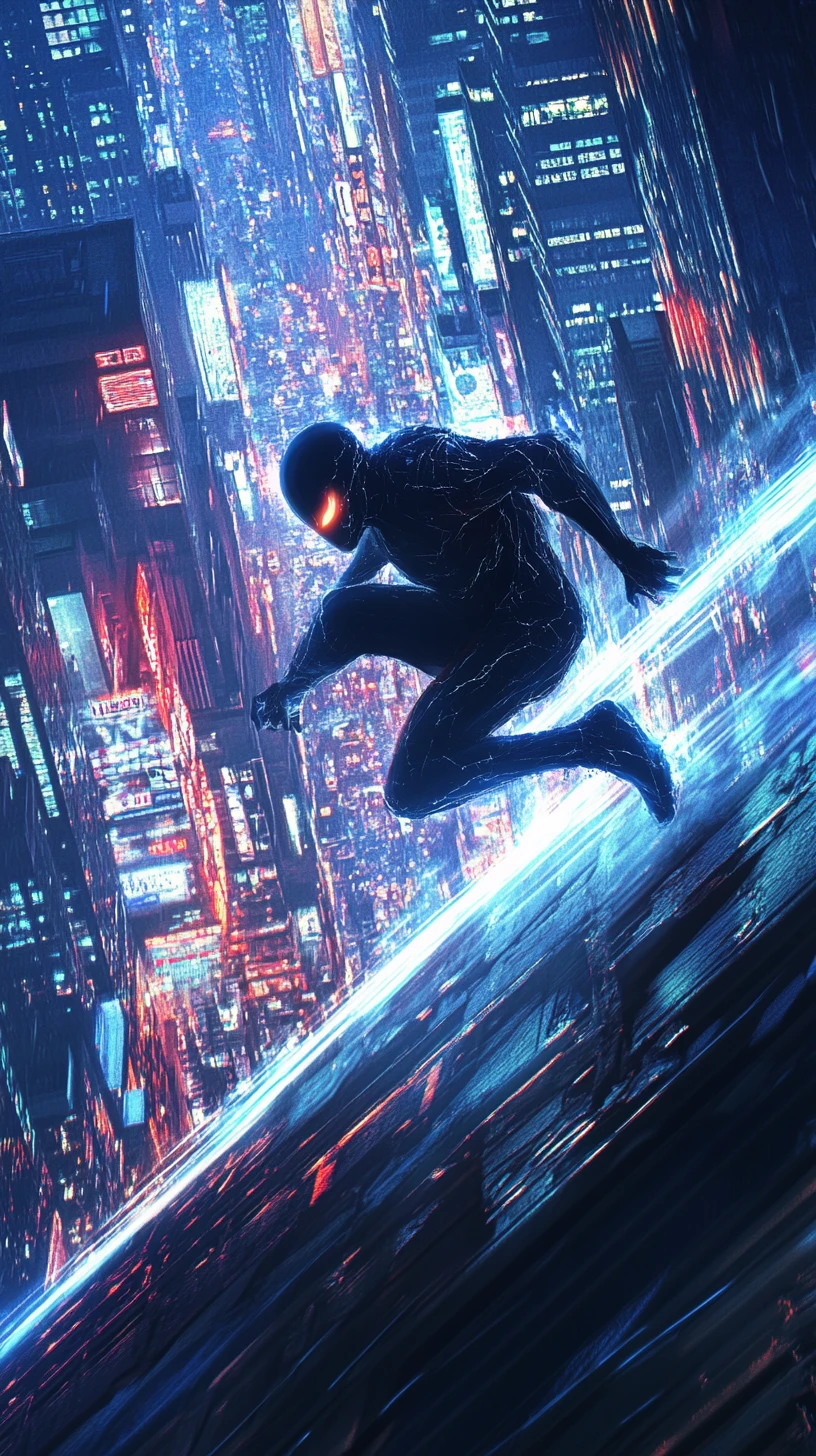 Vigilante Saltando Entre Futuro Neon e Paisagem Urbana Noir