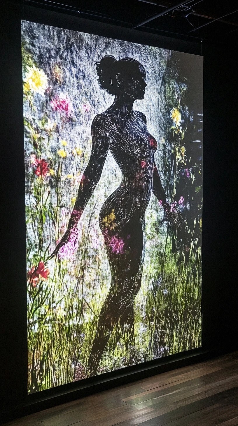 Donna d’acqua trasparente che si innalza tra erba alta e fiori