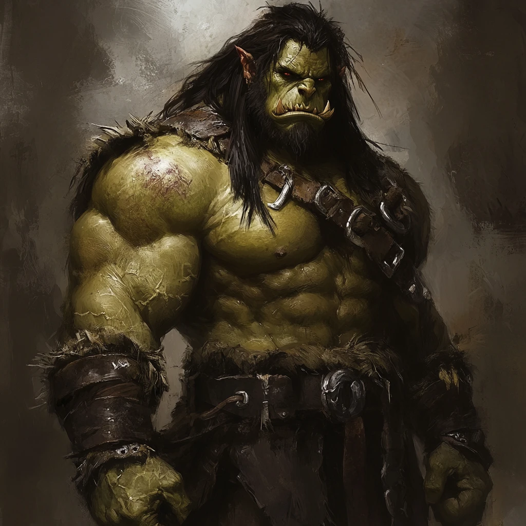 Barbare orc gigantesque en armure de cuir en lambeaux et entraves