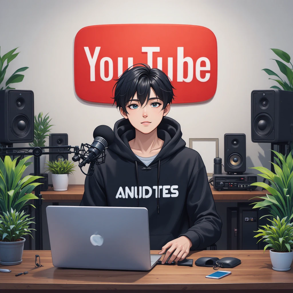マイク付きのパソコンデスクで配信するアニメ少年