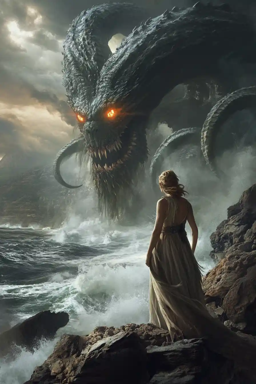 Mulher estoica encara um kraken sobre um mar tempestuoso de fantasia