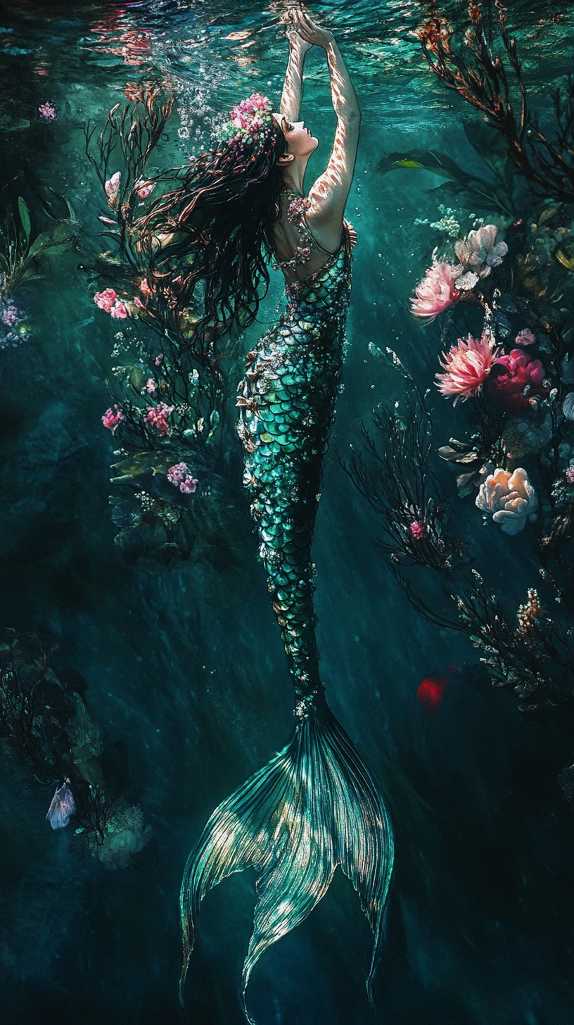 Mystical mermaid amid dark florals in glowing underwater depths