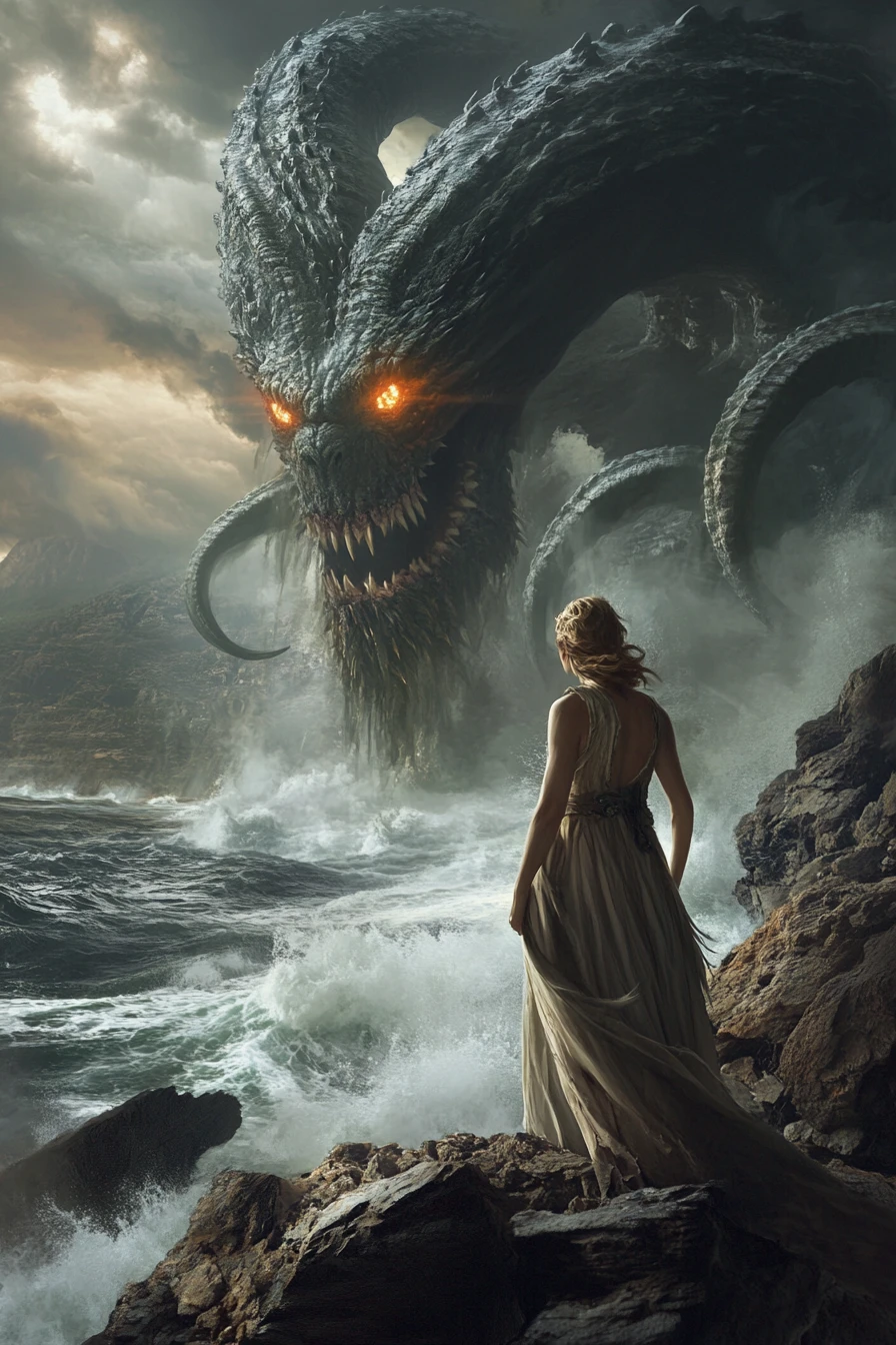 Mulher estoica encara um kraken sobre um mar tempestuoso de fantasia