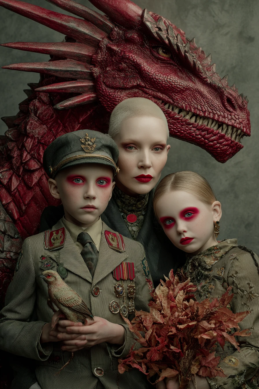 Surrealistisches Familienporträt mit Drachenwächter und unheimlichen Kindern