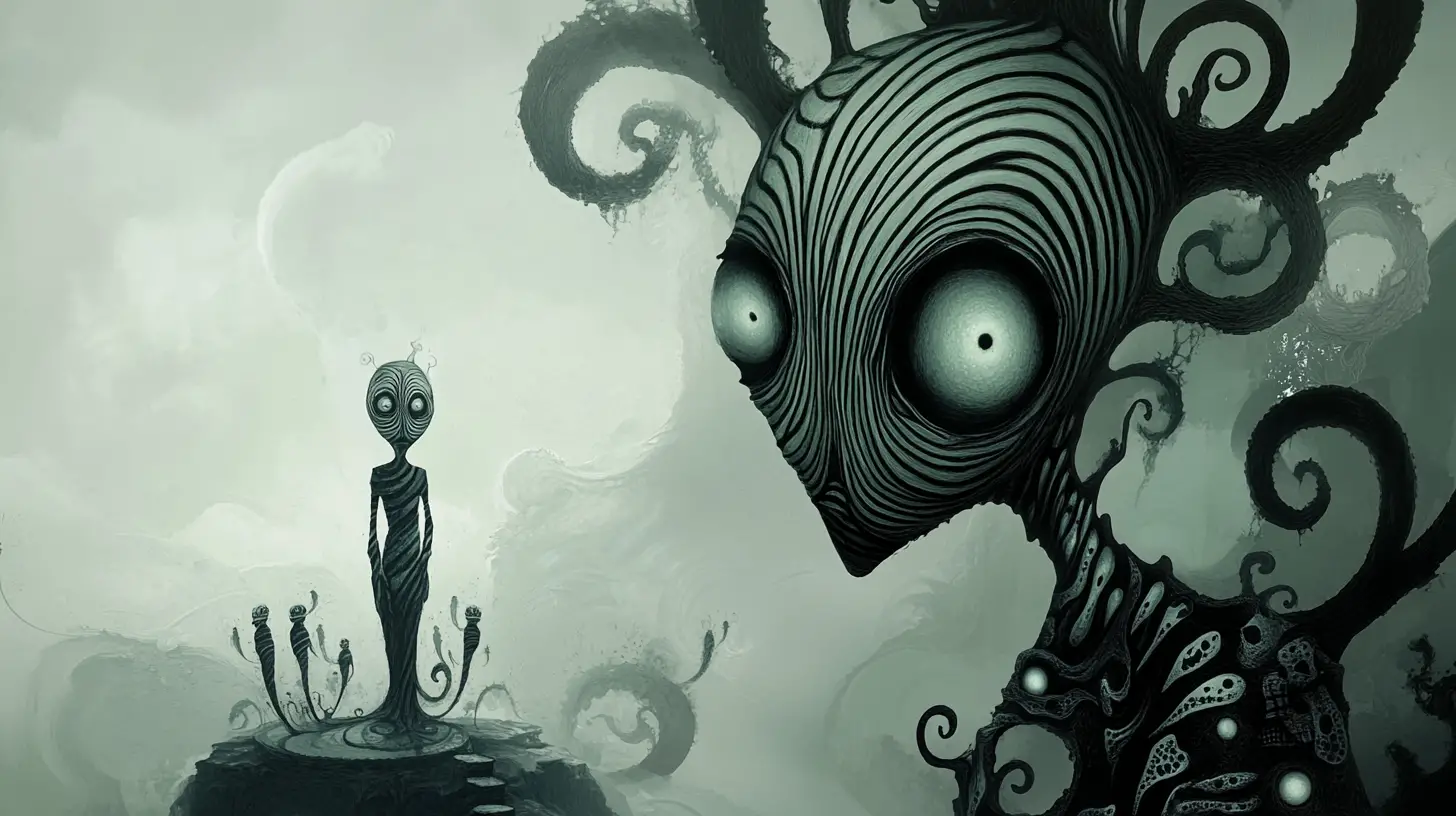 Gestreiftes surreales Wesen neben ruhiger, langgestreckter Figur