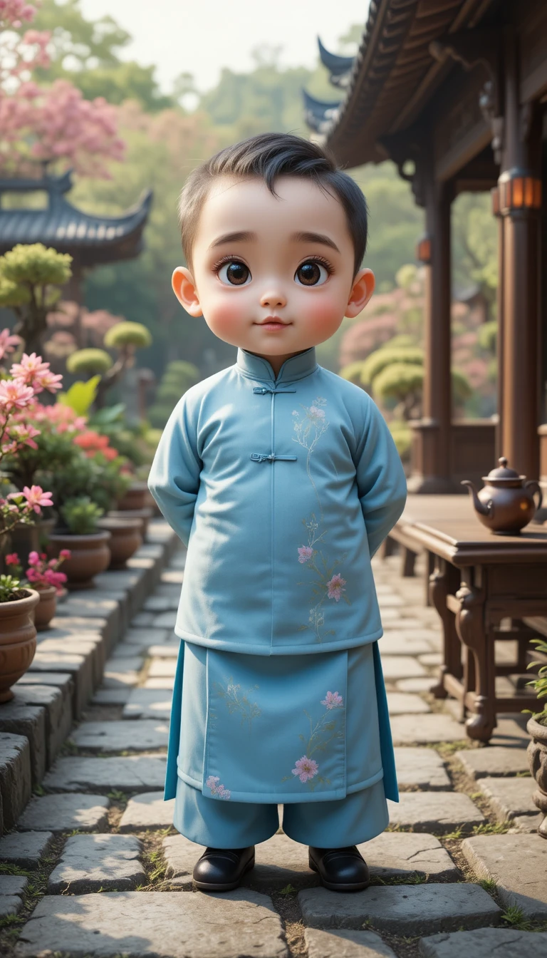 Menininho gordinho de ao dai azul em um tranquilo jardim de chá