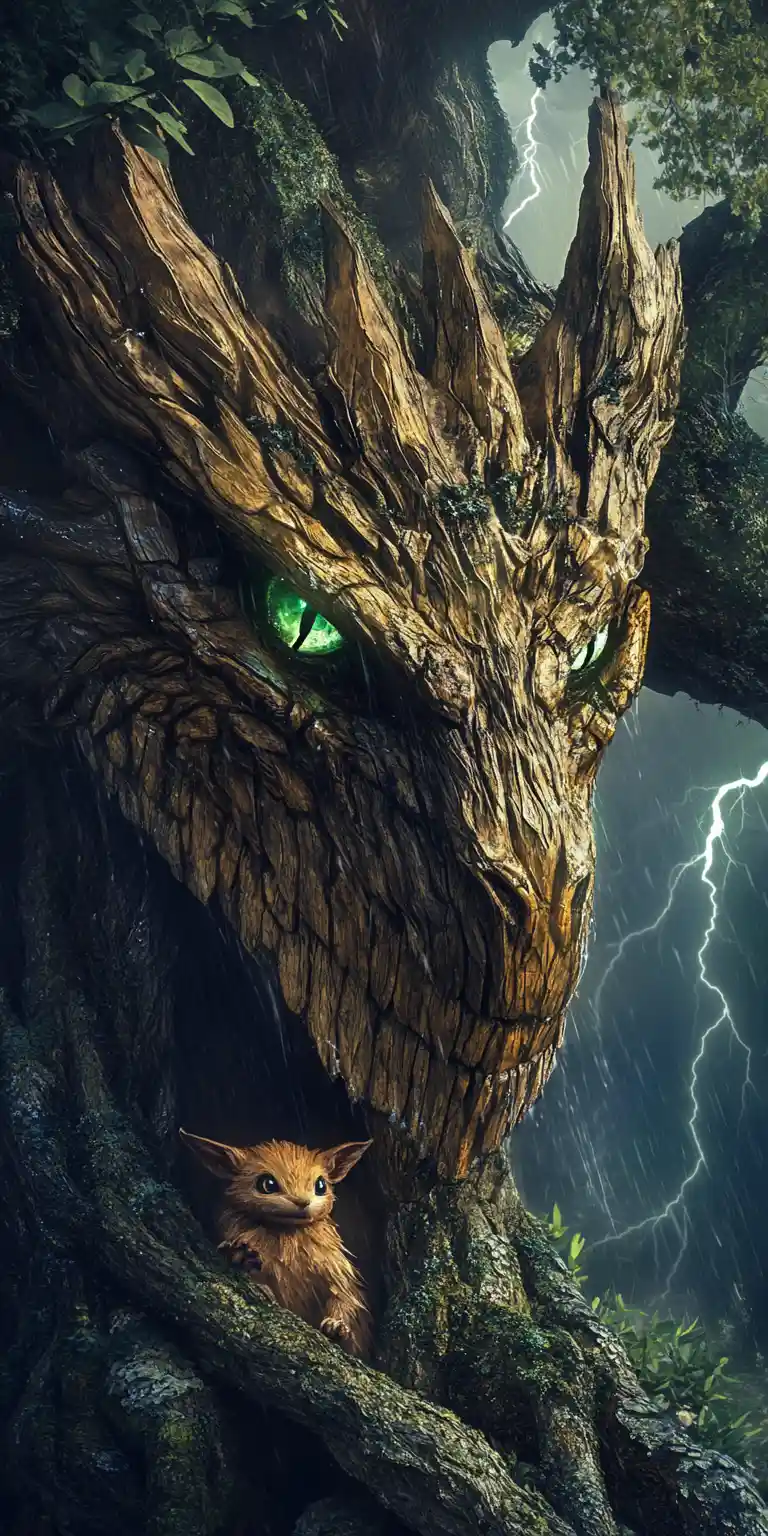 Antico albero drago di legno che protegge un minuscolo bebè