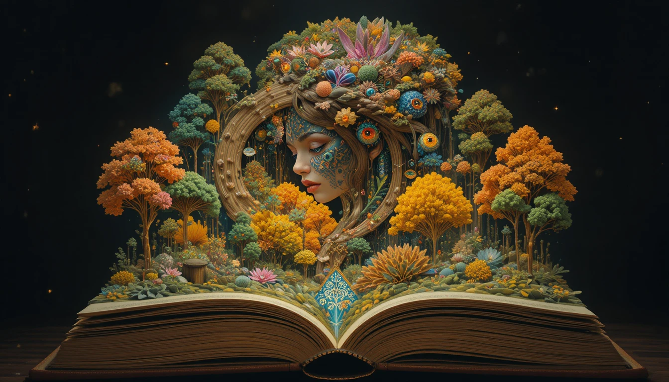 Paisagem de floresta encantada surgindo de um livro aberto