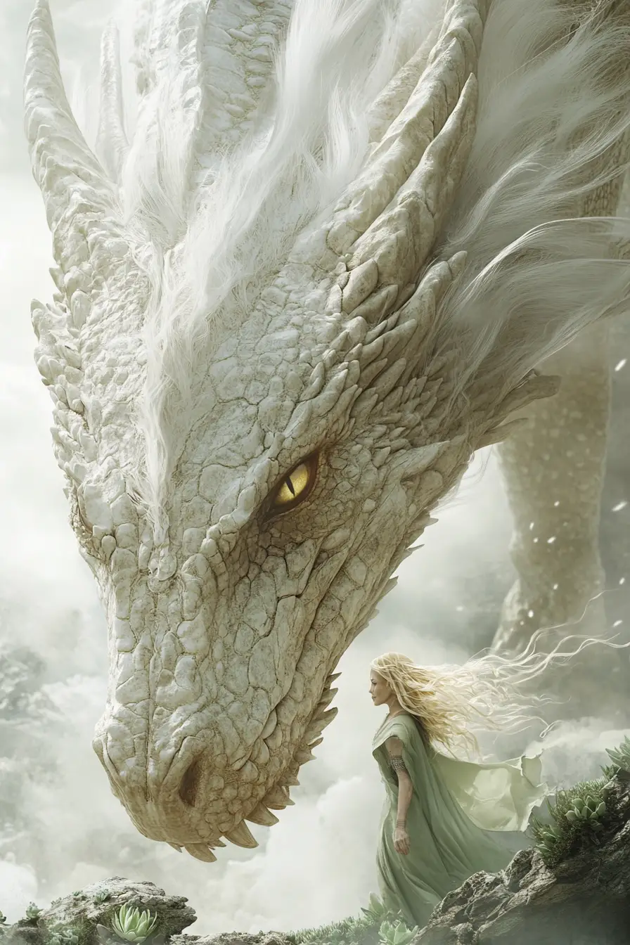 Donna che cammina accanto a un colossale drago bianco tra le nuvole