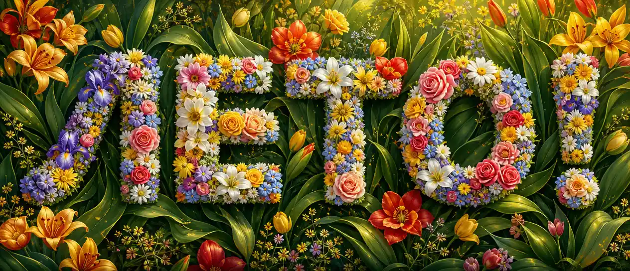 Sommerliches Blumen‑Lettering aus leuchtend blühenden Blüten