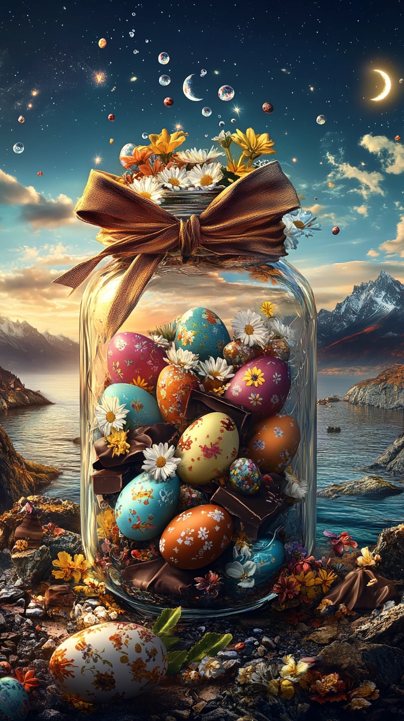 Uova di Pasqua floreali in barattolo di vetro sul mare di notte