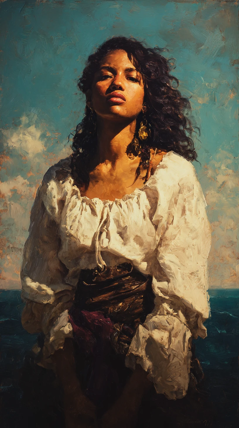 Jamaican woman in pirate blouse by the ocean shoreline