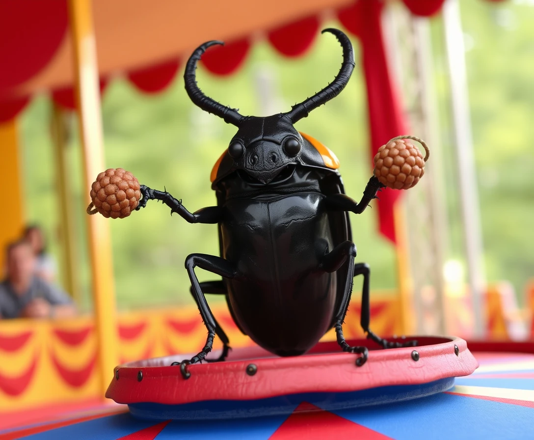 Besouro grande fazendo malabarismo com pequenas bolas no picadeiro do circo