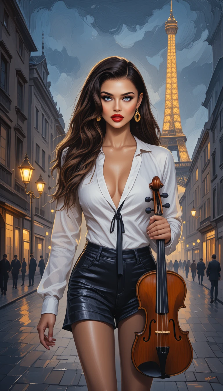 Mulher loira caminhando com violino em rua de Paris