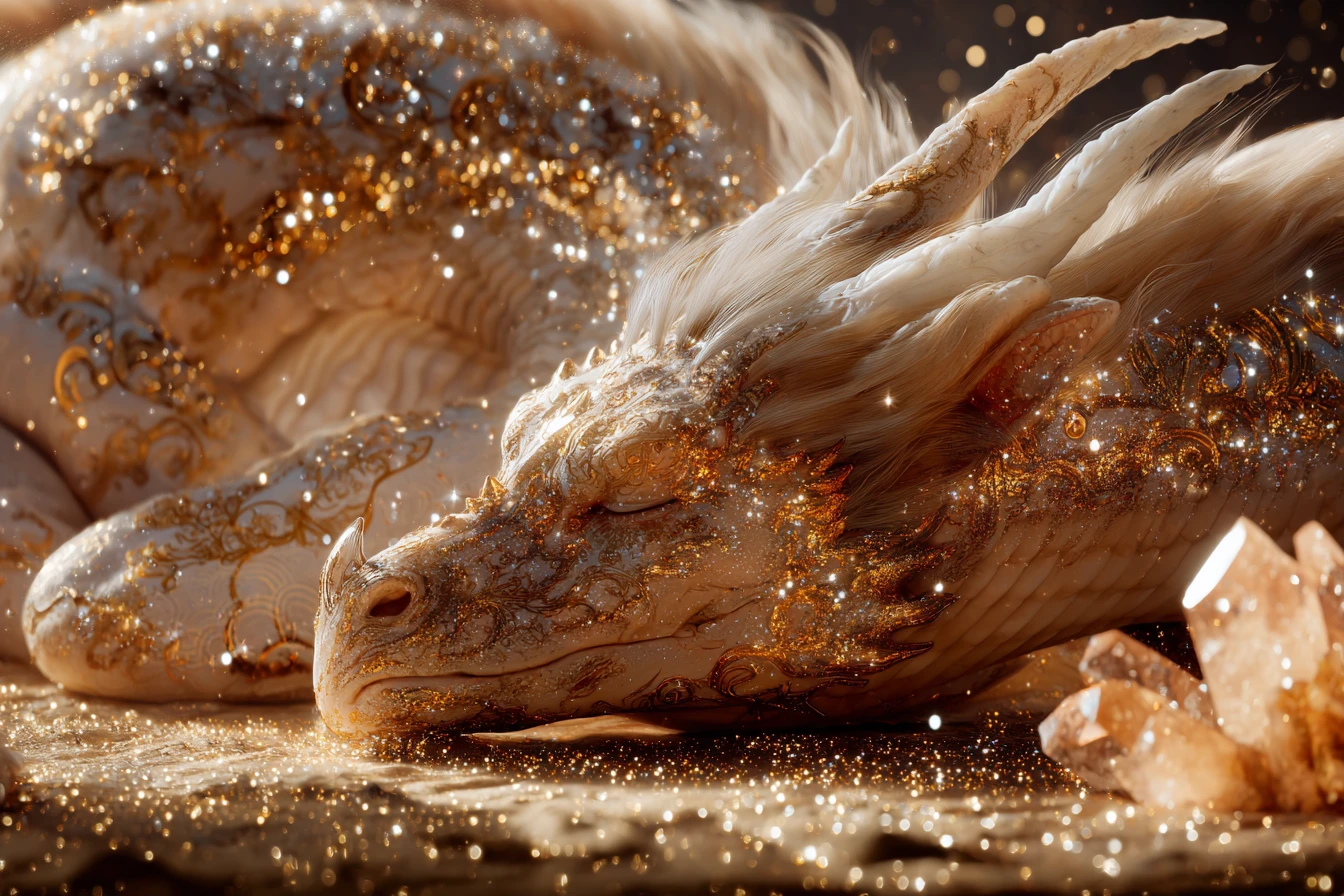 Dragão dourado dormindo enroscado dentro de uma caverna de cristal
