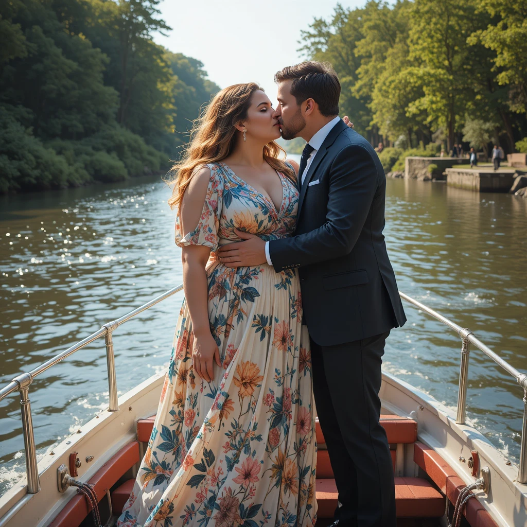 Femme grande taille embrassée par un homme sur un bateau fluvial