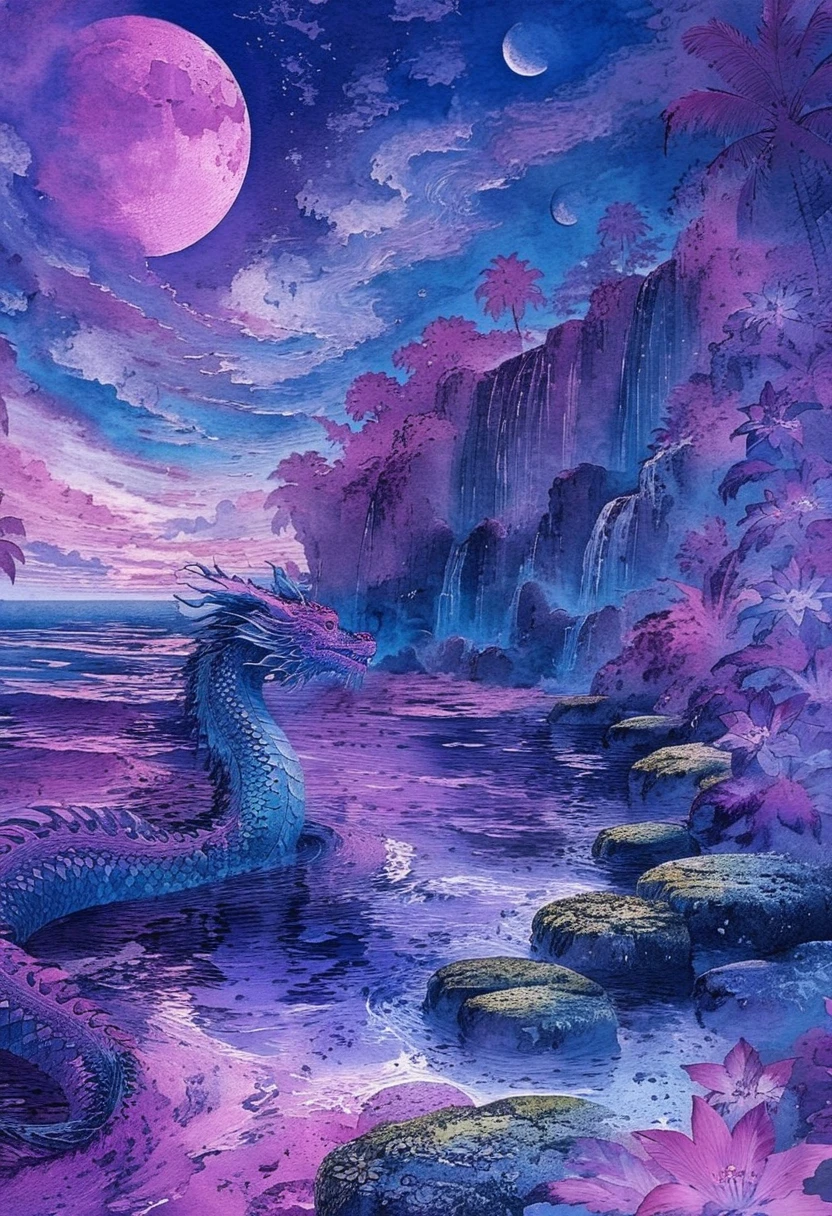 Dragão místico cruzando uma paisagem surreal de oceano ao luar
