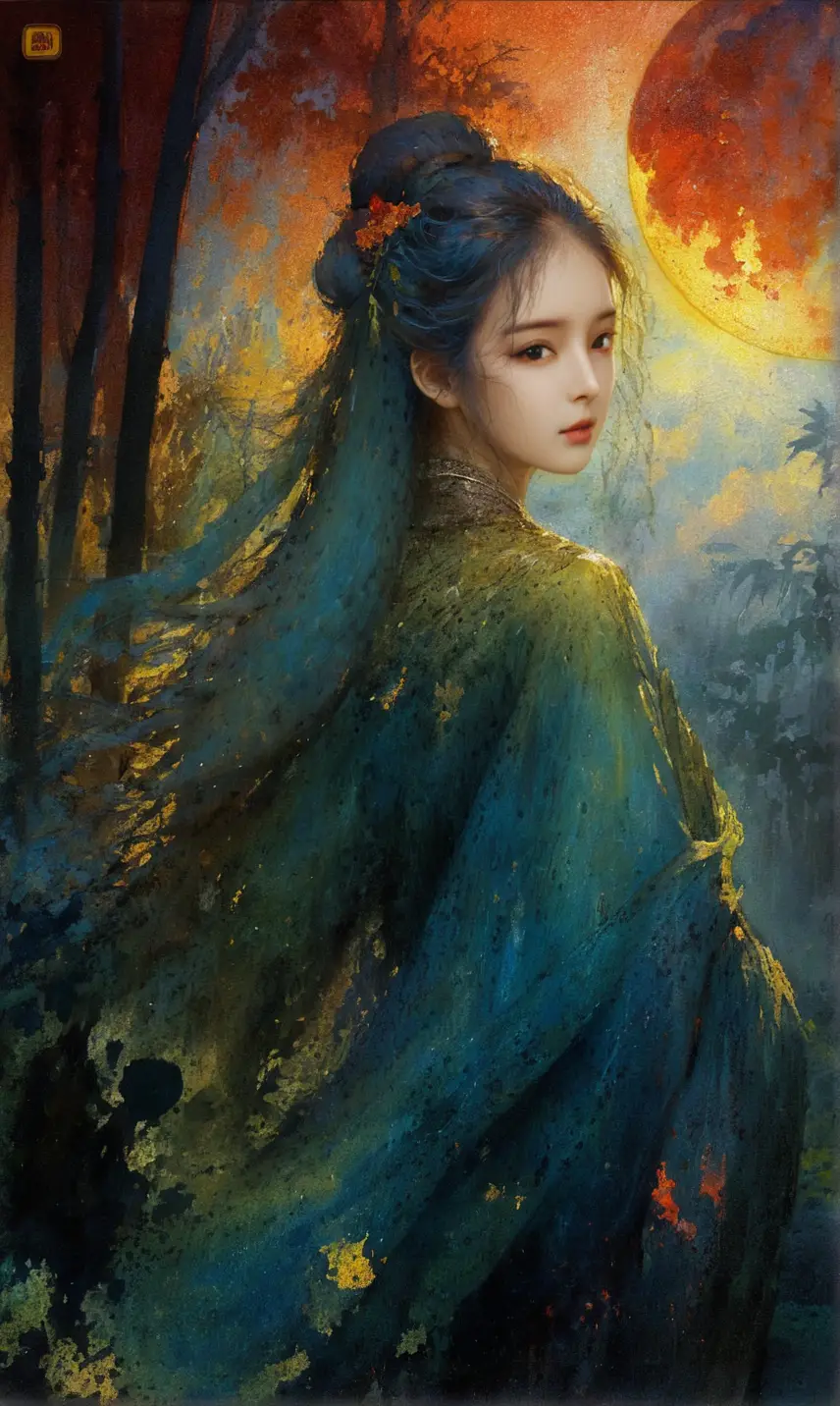 Serpentine woman resting on a gnarled branch in blazing light