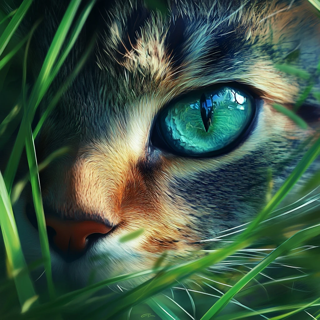 Close-up de gato caçando na grama verde exuberante