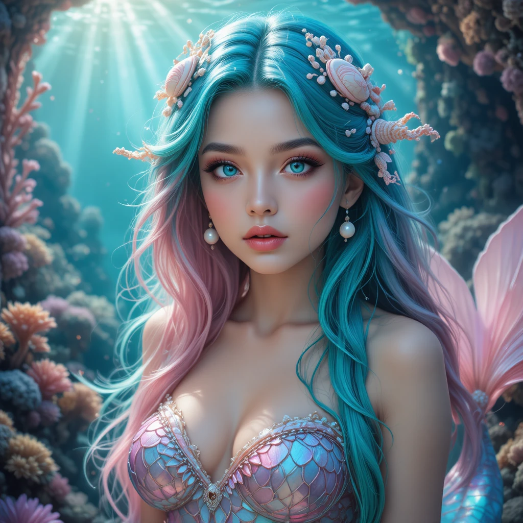 Retrato lúdico de uma sereia em uma gruta subaquática banhada pelo sol