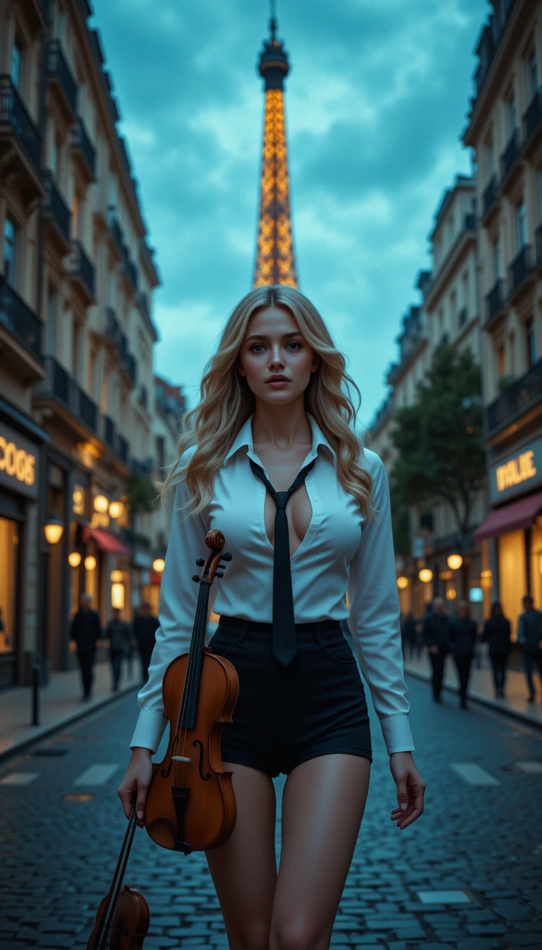 Mulher loira com violino caminhando por rua da cidade em Paris