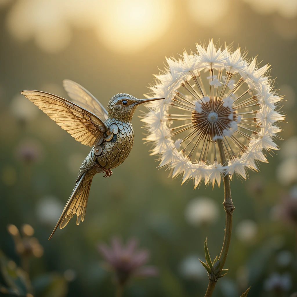 Colibri mécanique à côté d’un pissenlit lumineux à l’aube