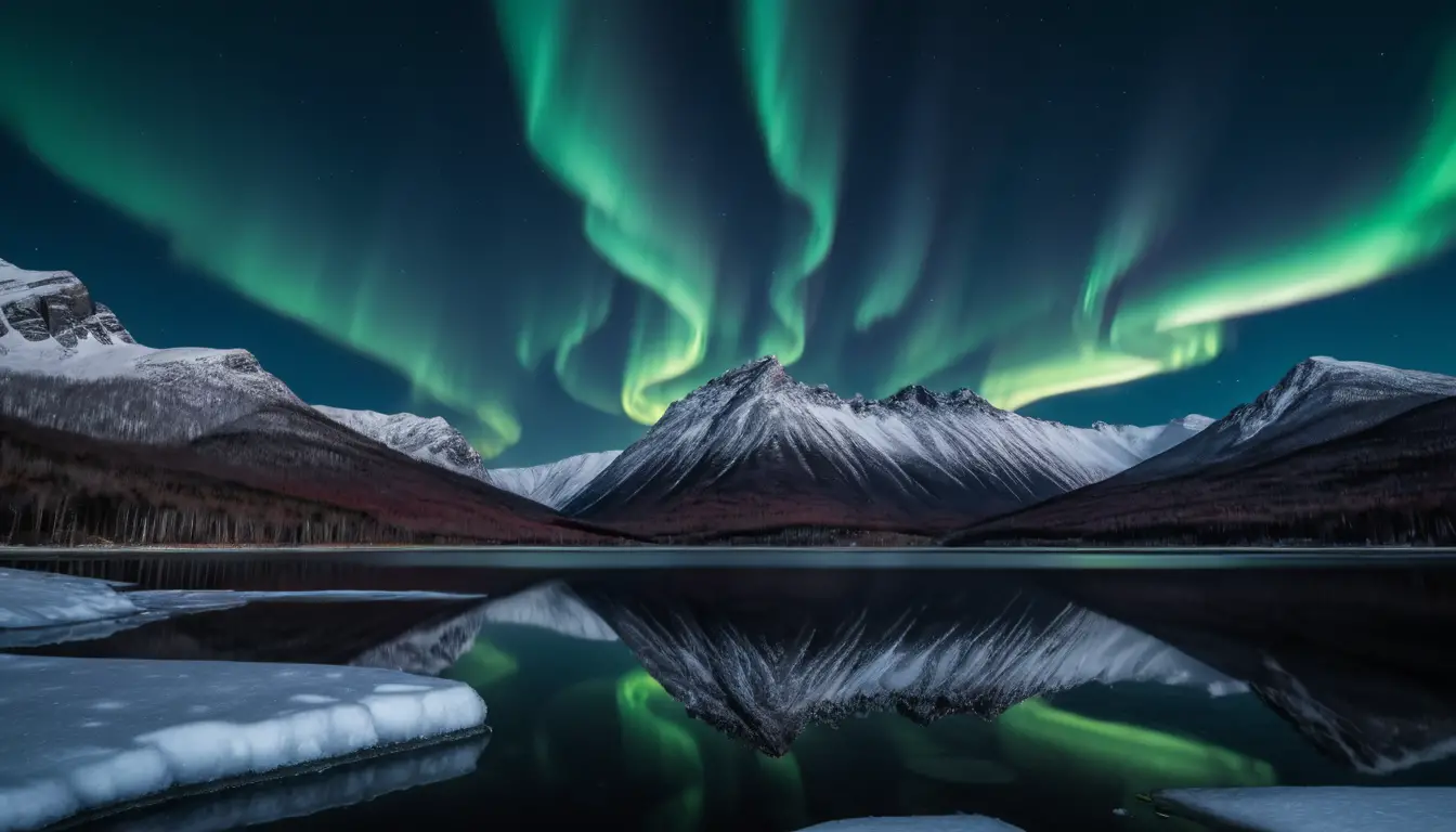 Aurore boreali su lago ghiacciato con riflessi di montagne innevate