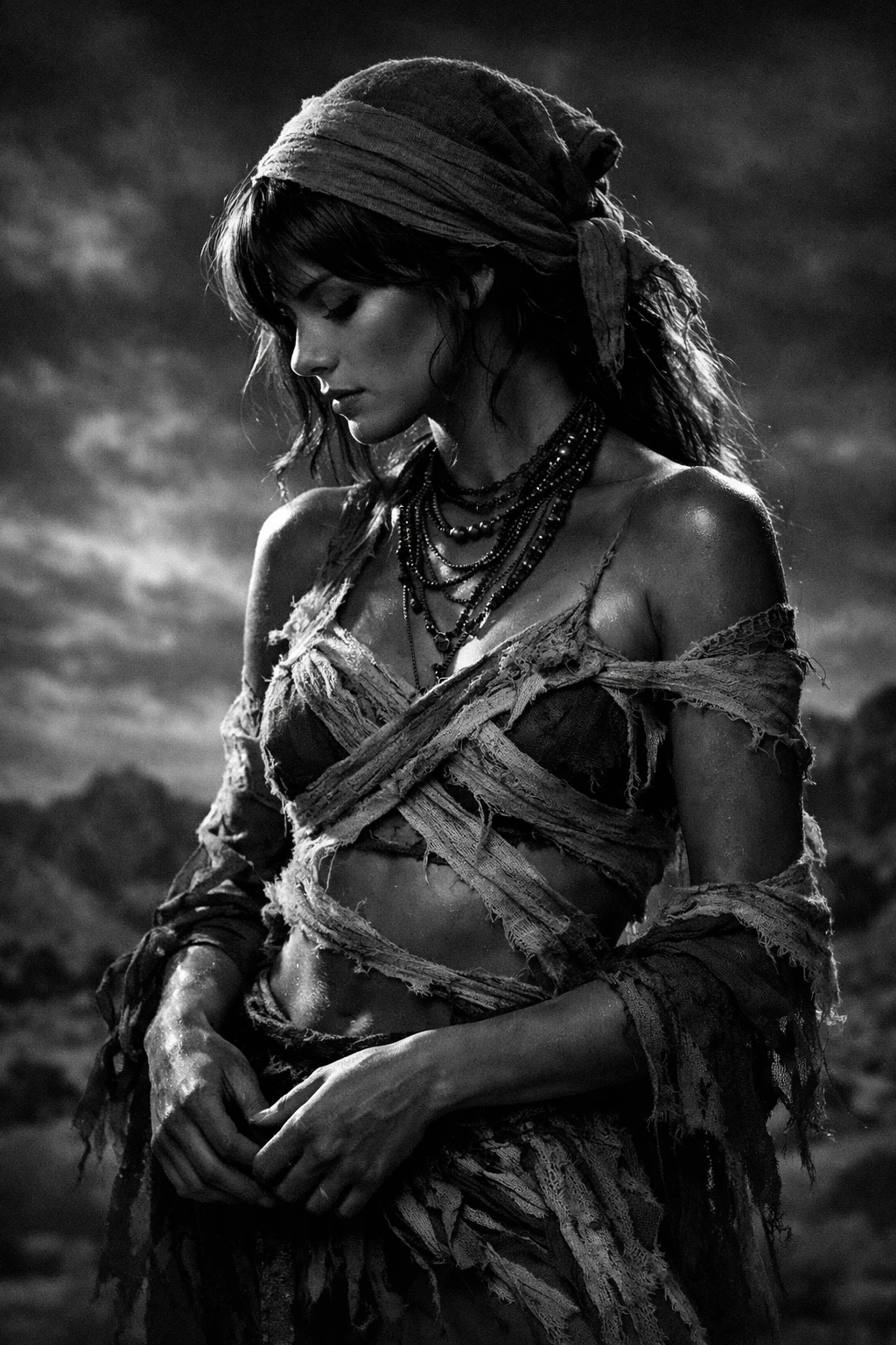 Portrait sombre en noir et blanc d’une jeune femme voilée