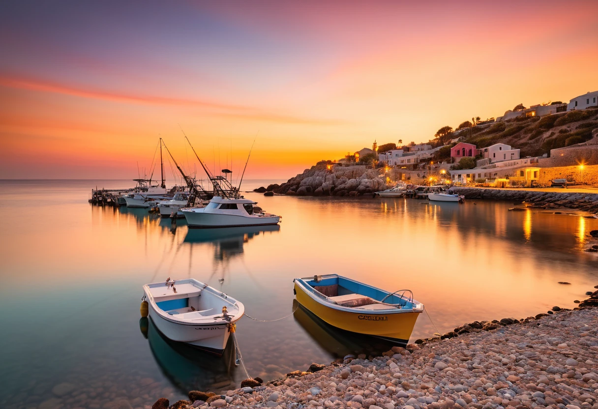 Pôr do sol dourado sobre calmo porto de pesca costeiro com barcos
