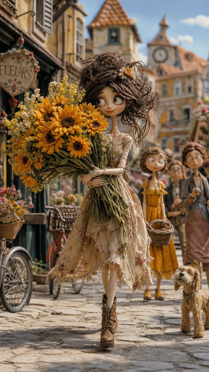 Ragazza in stop motion di feltro che porta girasoli giganti