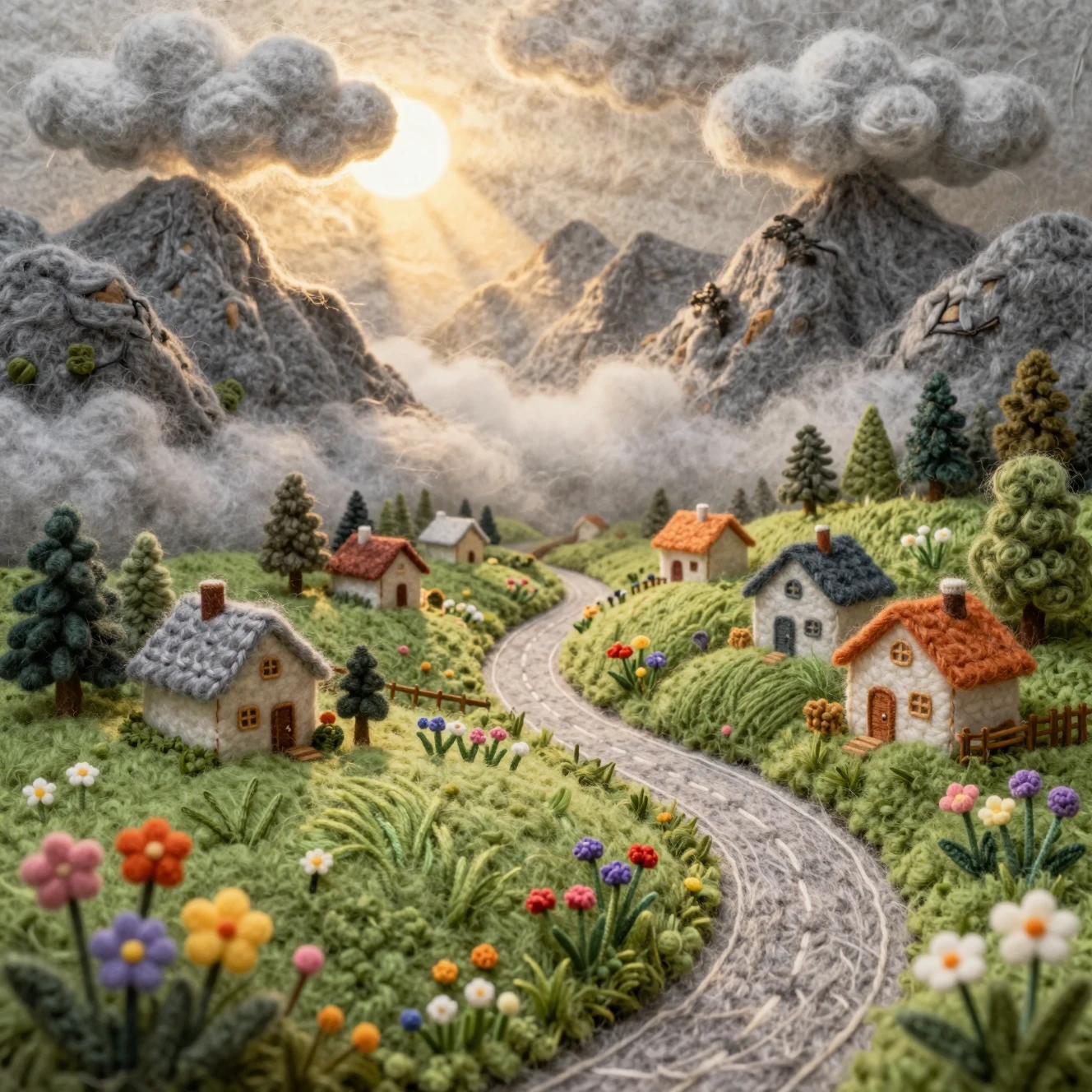 Village de Montagne Miniature en Laine dans un Paysage Doucement Ensoleillé