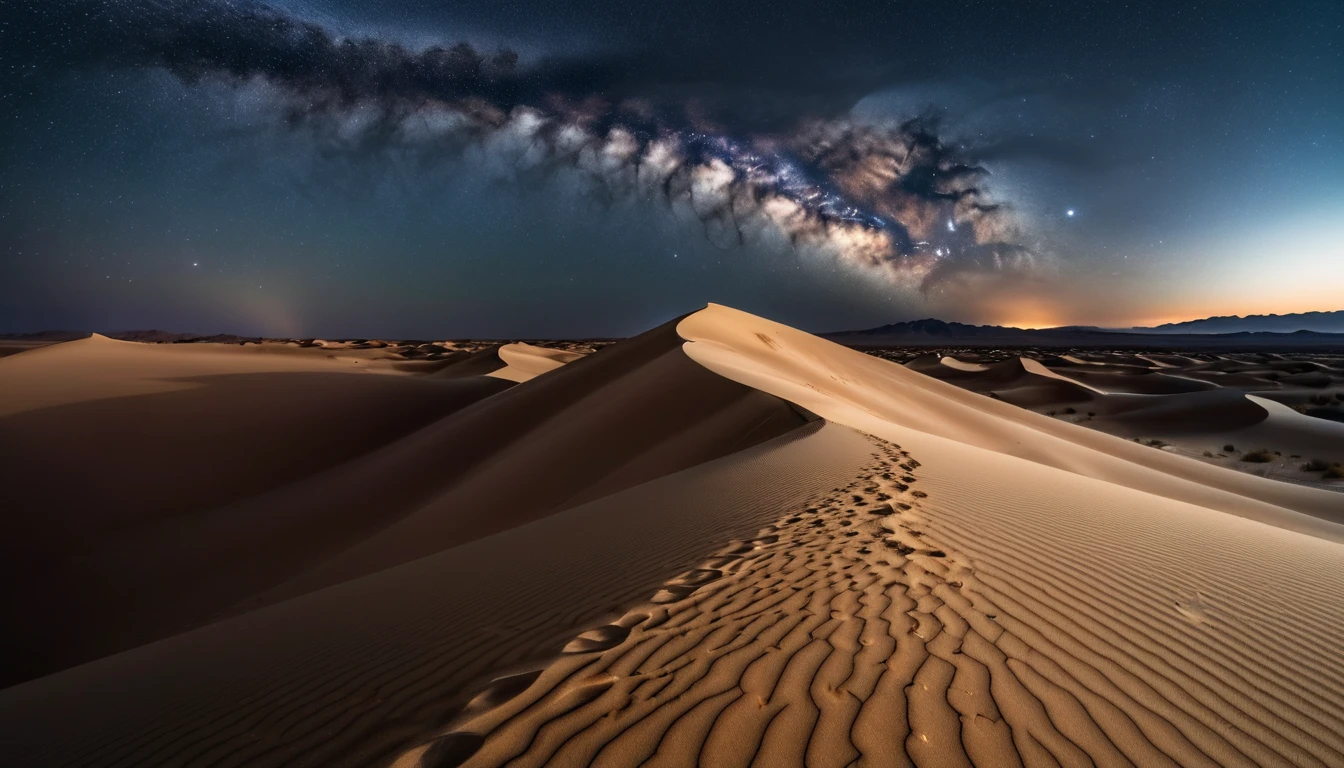Céu Noturno da Via Láctea Sobre Imensas Dunas de Areia do Deserto