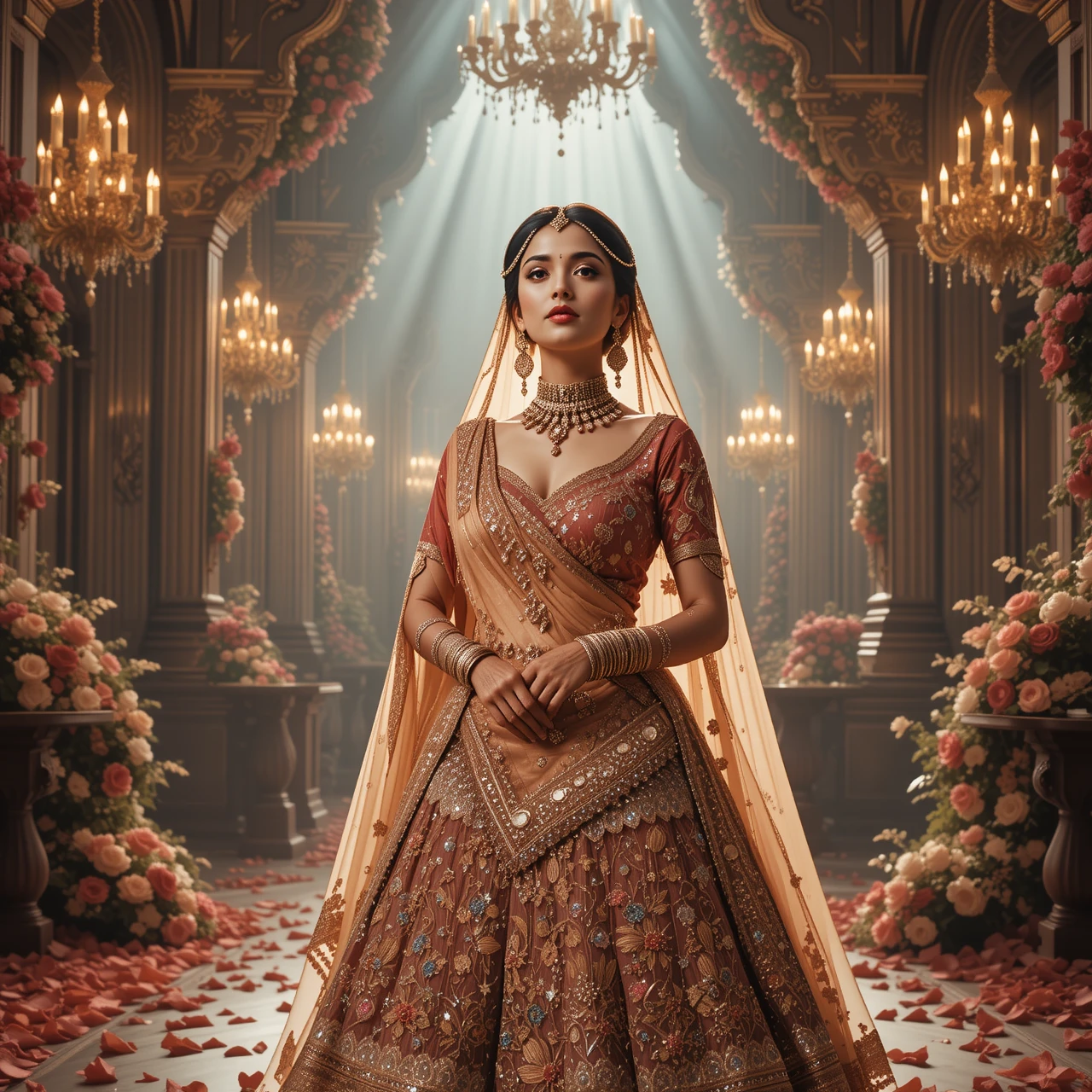 Mariée indienne en lehenga orné dans un palais royal