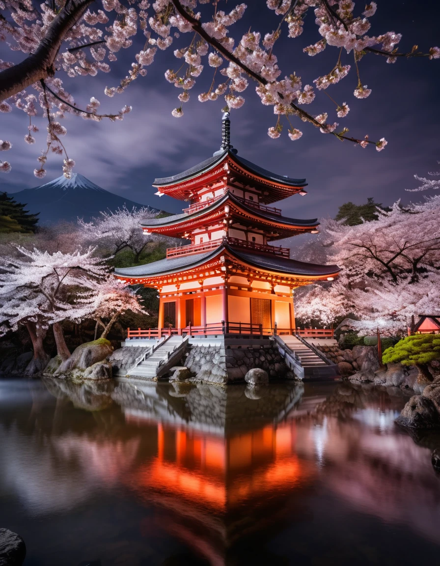 Antiguo templo japonés de noche con linternas brillantes