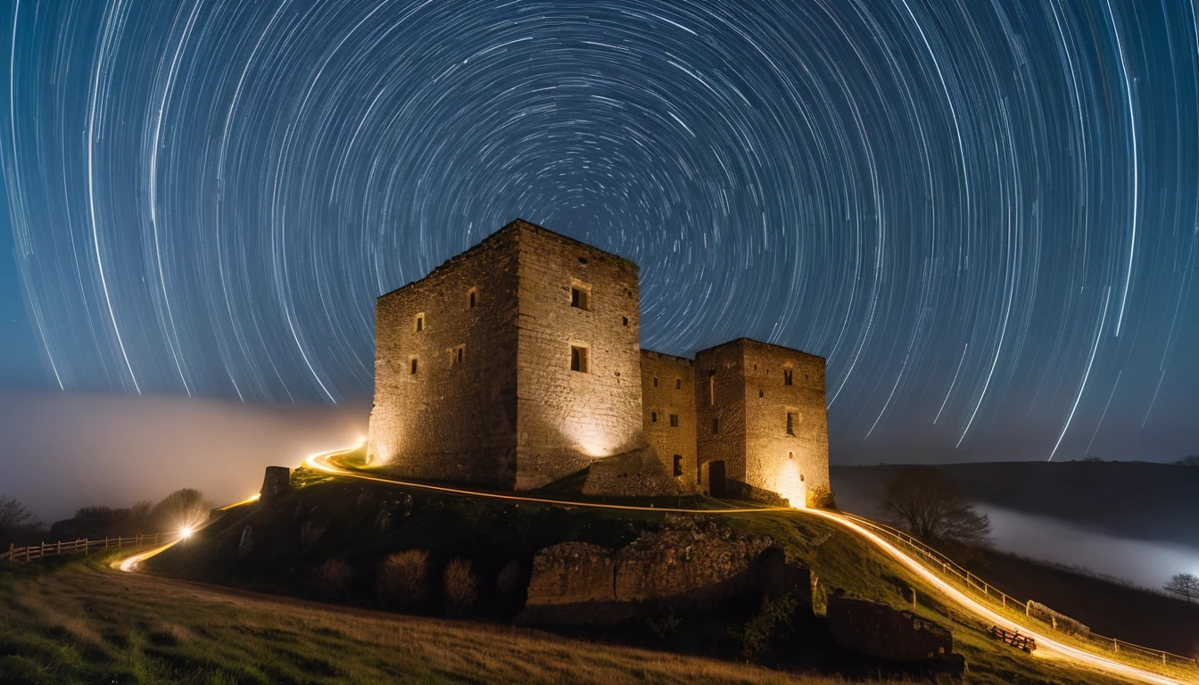 Castelo de pedra medieval sob trilhas de estrelas circulares no céu noturno