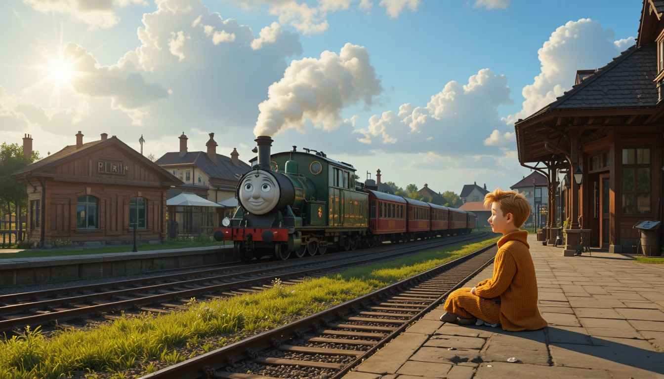 Menino observando trens de verão em uma pequena estação de vila