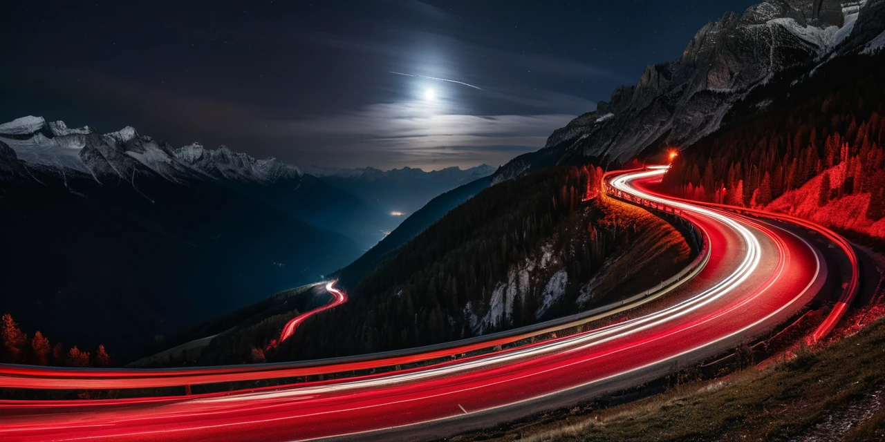 Estrada de montanha sinuosa à noite com trilhas de luz brilhantes