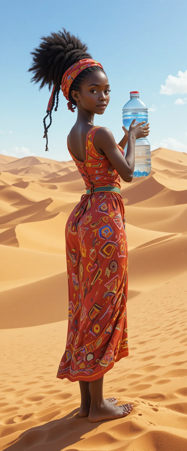Menina africana segurando uma garrafa de água vazia amassada