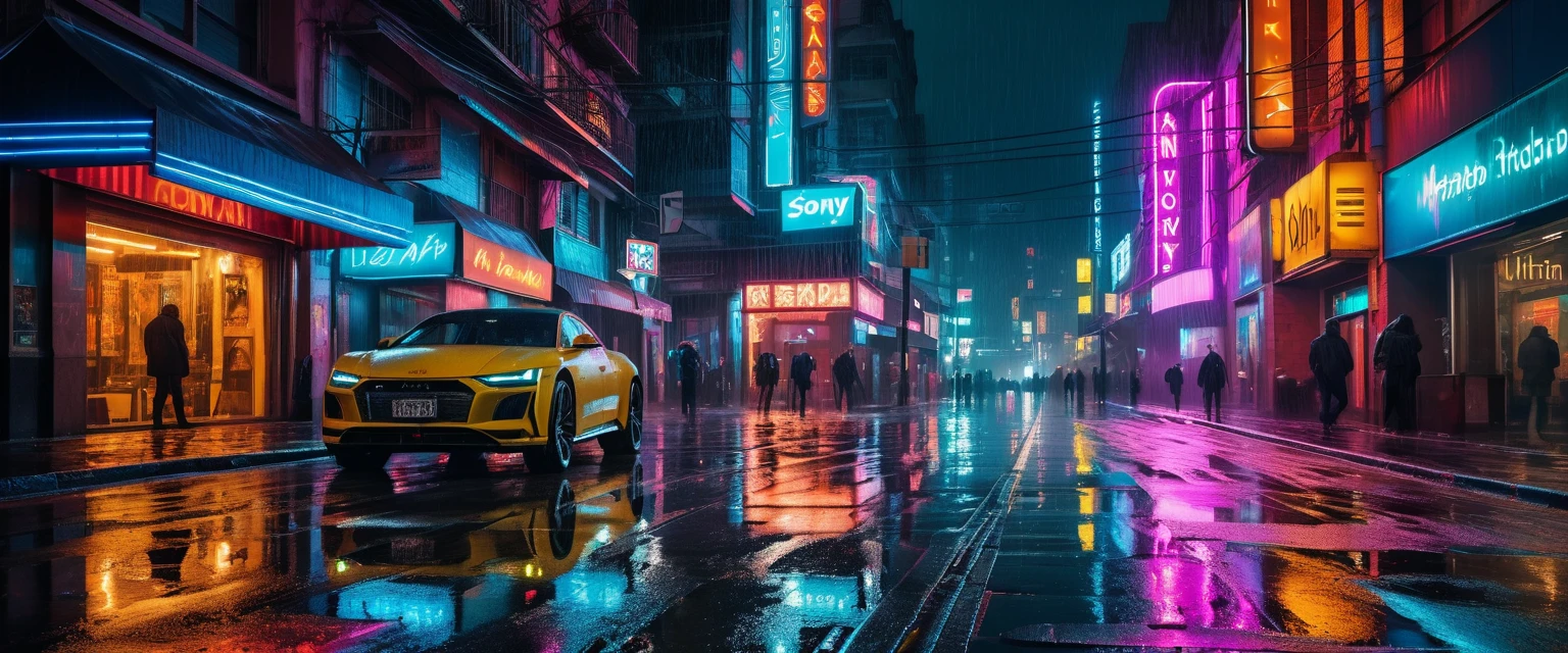 Futuristische Neonstraße mit Lichtspuren fliegender Fahrzeuge