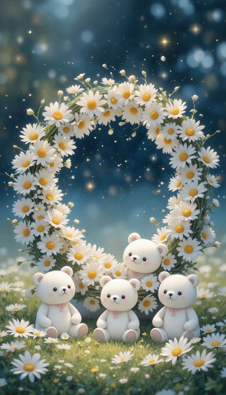Niedliche Anime-Bären um einen Gänseblümchenkranz auf dem Gras