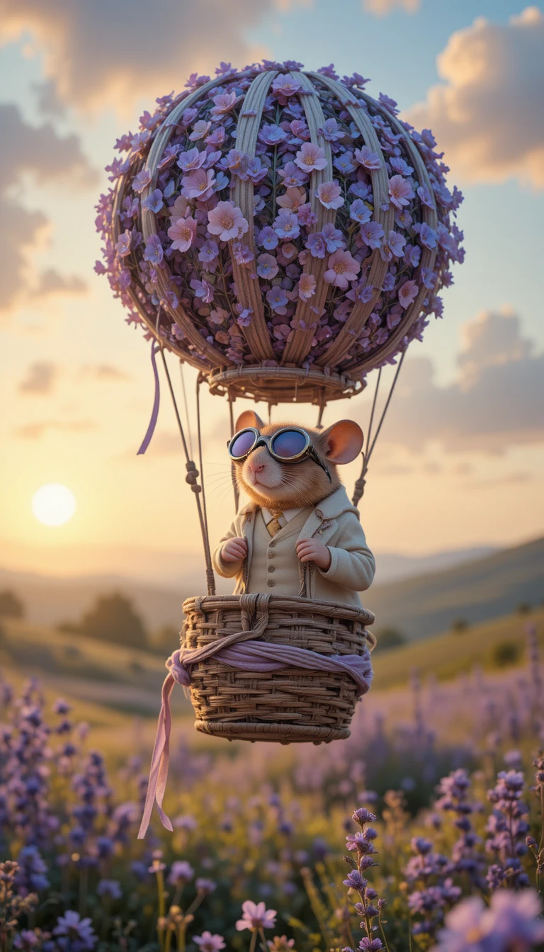 Rato-do-campo em um balão de ar quente lavanda ao nascer do sol