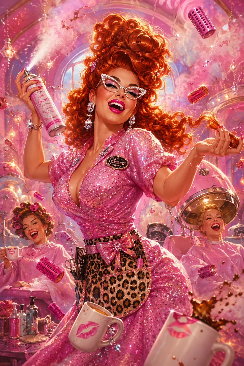 Cabeleireira retrô glamourosa em um salão de beleza em tons pastéis