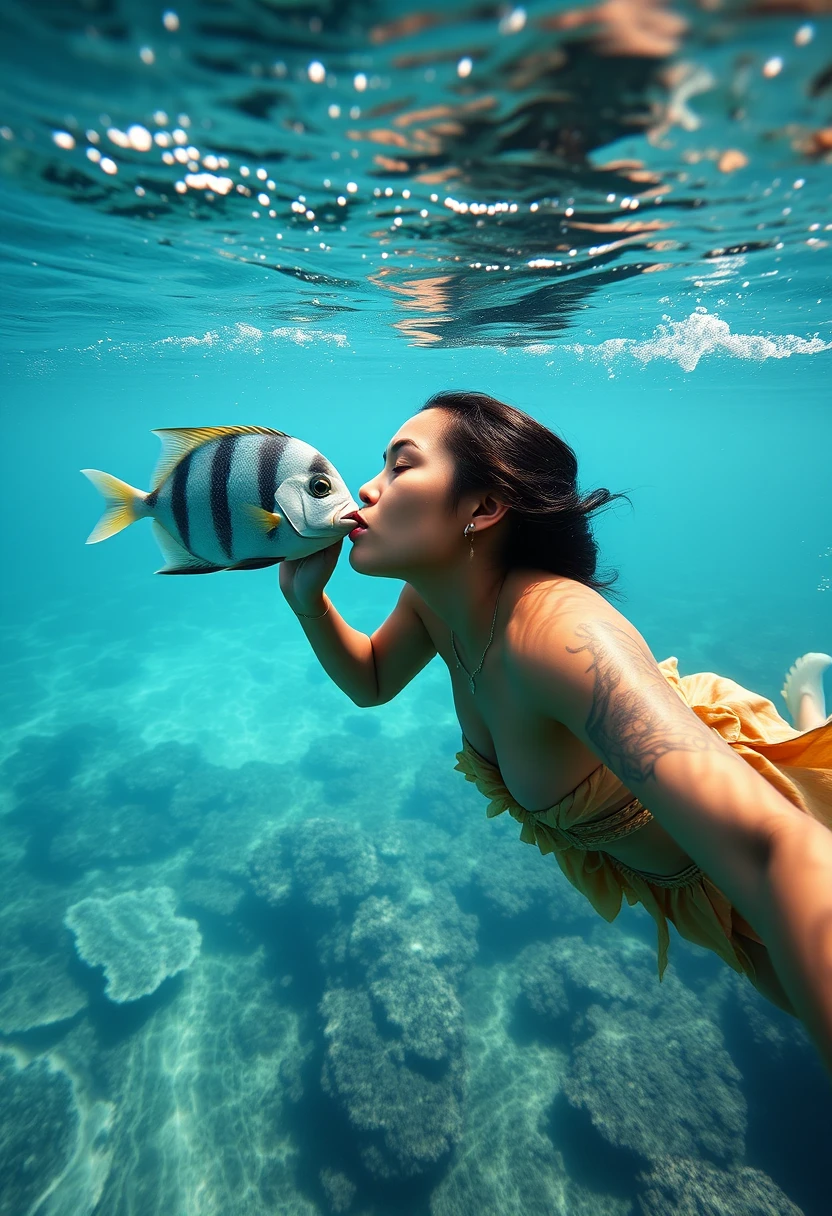Mulher polinésia nadando sobre recife de coral beijando um peixe