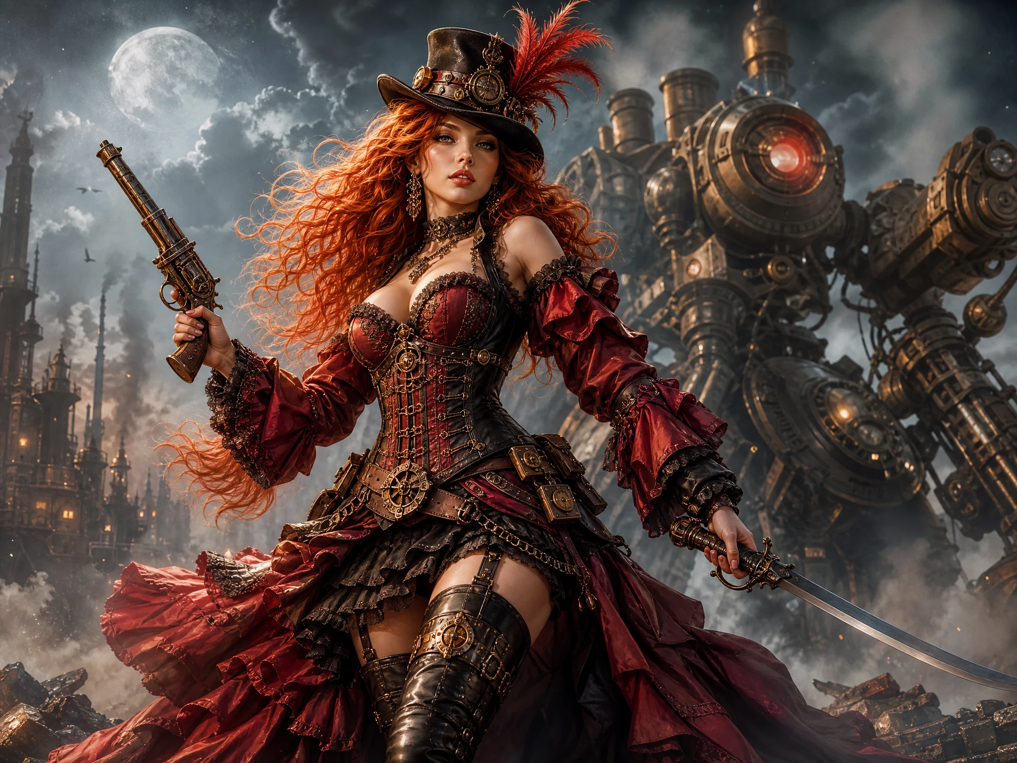 Guerreira steampunk com armas sob uma lua sinistra