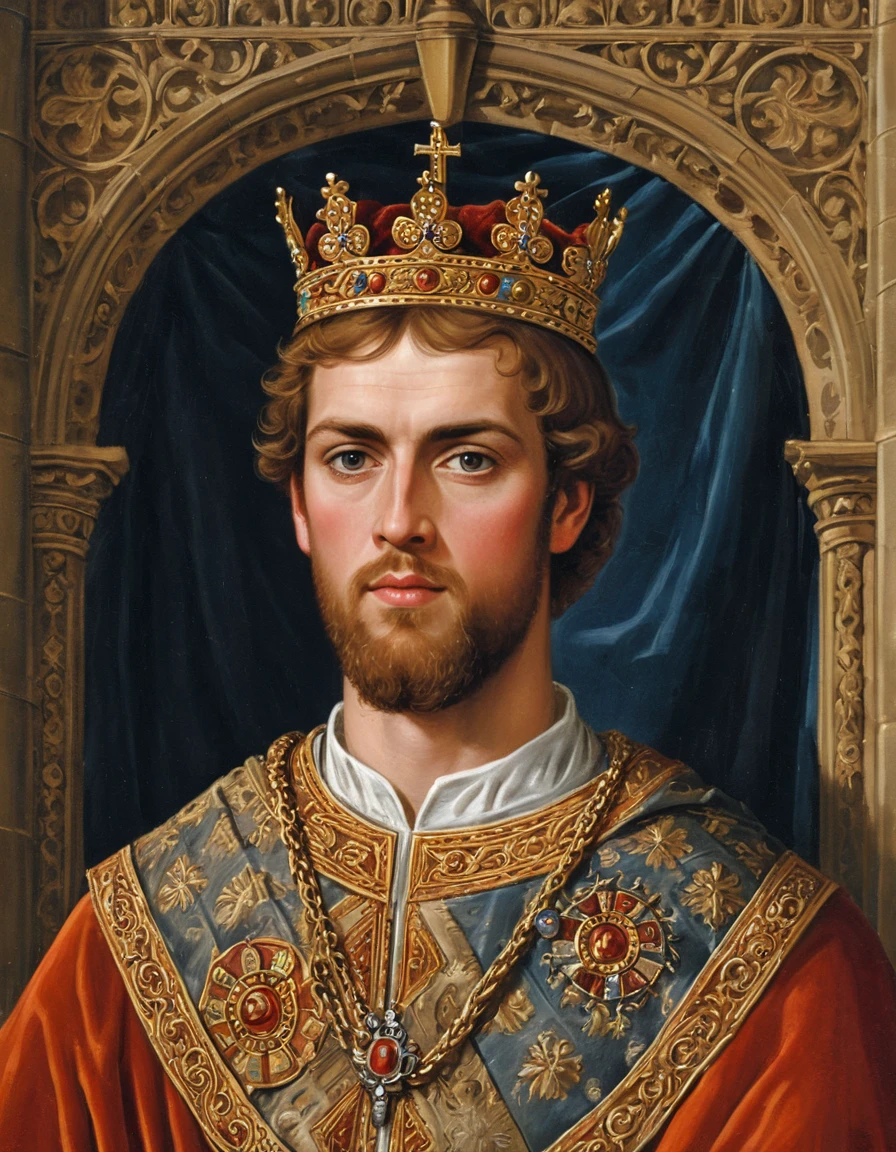 Jovem rei medieval retratado em majestoso estilo anglo-saxão