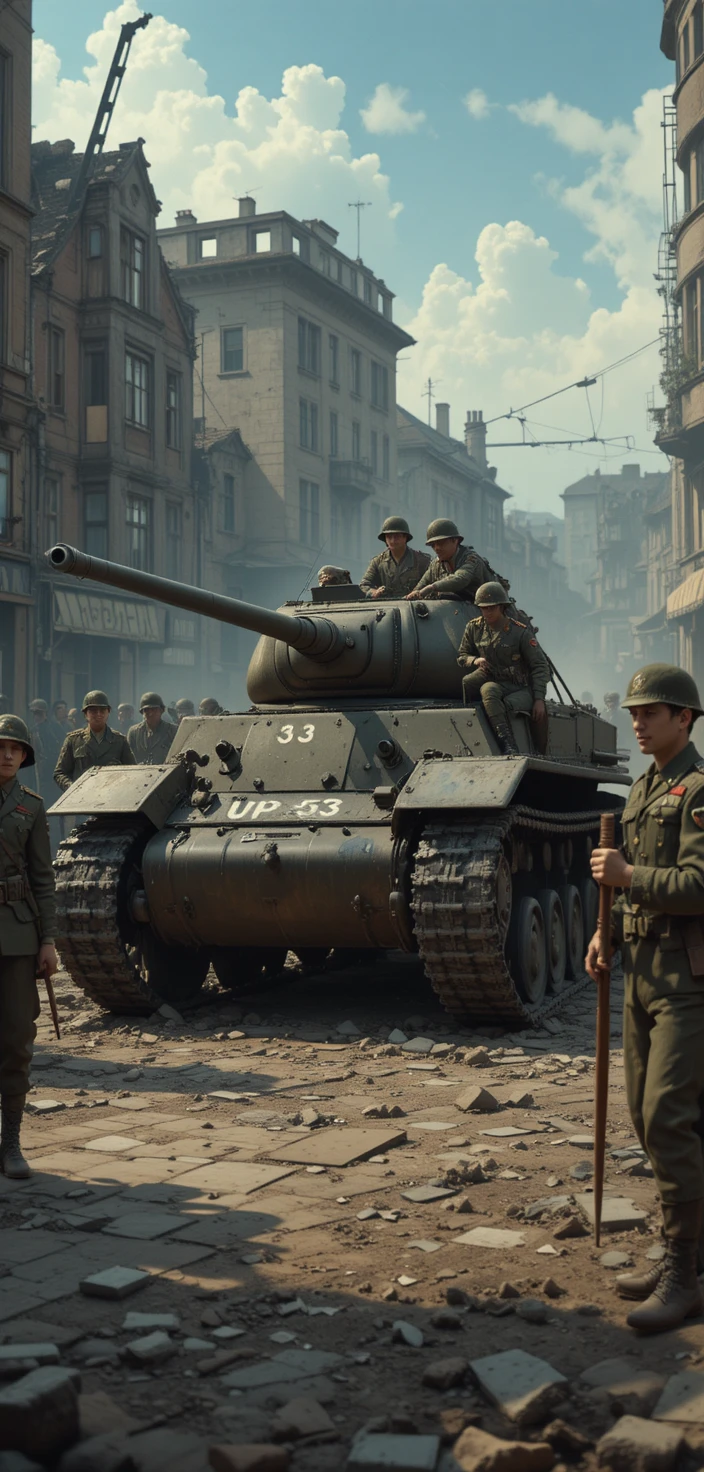 Tanque T-34 avançando por uma rua destruída da Segunda Guerra Mundial