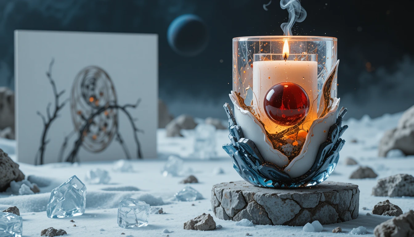 Surreale Kerze mit Eiswürfeln unter einem sternenübersäten kosmischen Himmel